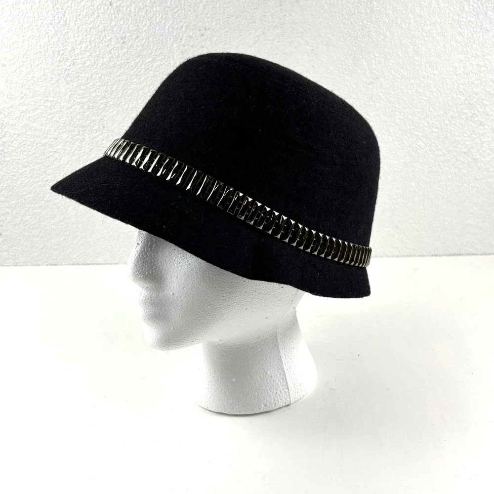 Magid Hats Cloche Bucket Hat Womens OS Black Wool Blend Studded Trim‎ Flapper